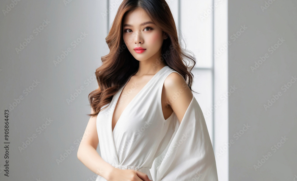 Young woman, long brown hair, white dress, looking at camera. Young woman, long brown hair, white dress, looking at camera.