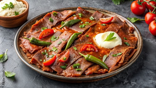 Close up of Iskender kebab with sauce and butter on gray background, Iskender kebab, Turkish cuisine, traditional, delicious © Sujid