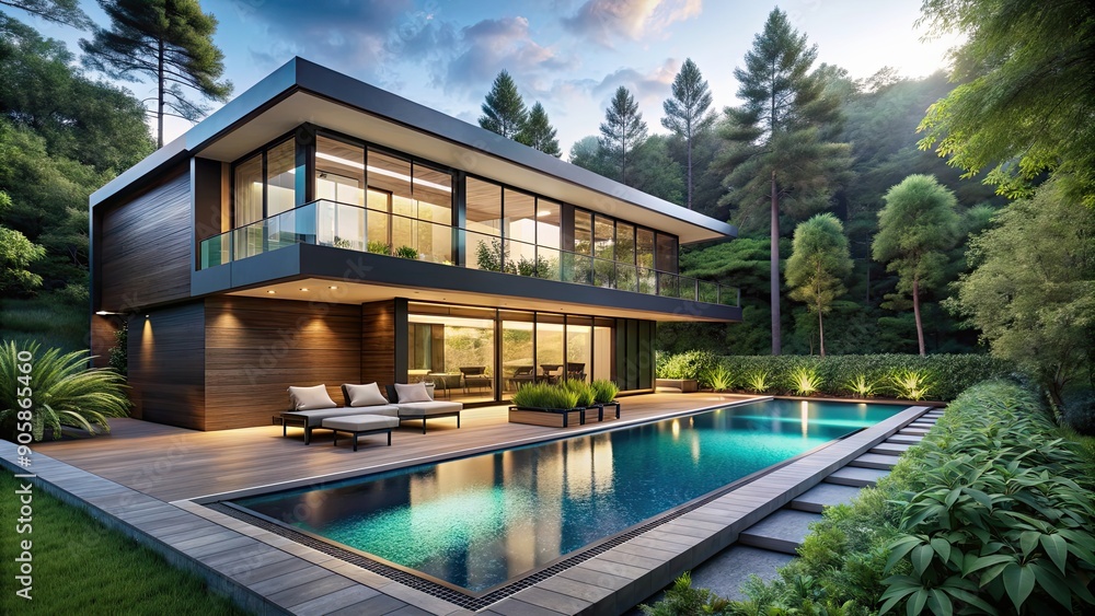 Fototapeta premium Luxurious modern villa with a pool overlooking a lush forest , luxury, vacation, home, modern, villa, pool, forest