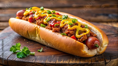 Delicious gourmet hot dog topped with chili, cheese, and mustard, gourmet, hot dog, toppings, chili, cheese, mustard