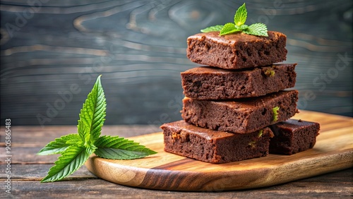 Delicious stack of marijuana brownies with leaf on cutting board , marijuana, brownie, edibles, dessert, THC photo