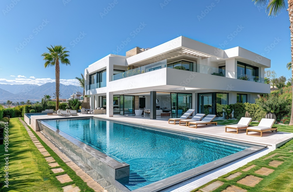 Fototapeta premium Private residence, villa in high-tech style with swimming pool and lounge chairs in tropics