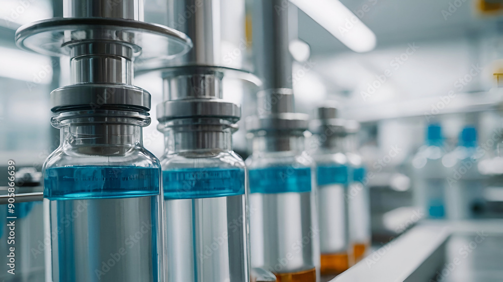 Medical vials on production line at pharmaceutical factory, pharmaceutical machine glass views. Medical vials on production line at pharmaceutical factory, pharmaceutical machine glass views.