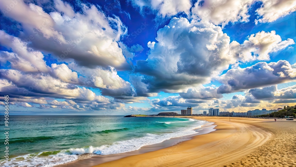Sokcho beach along the East Sea with fluffy clouds in the sky, Sokcho, beach, sea, East Sea, clouds, sky, nature