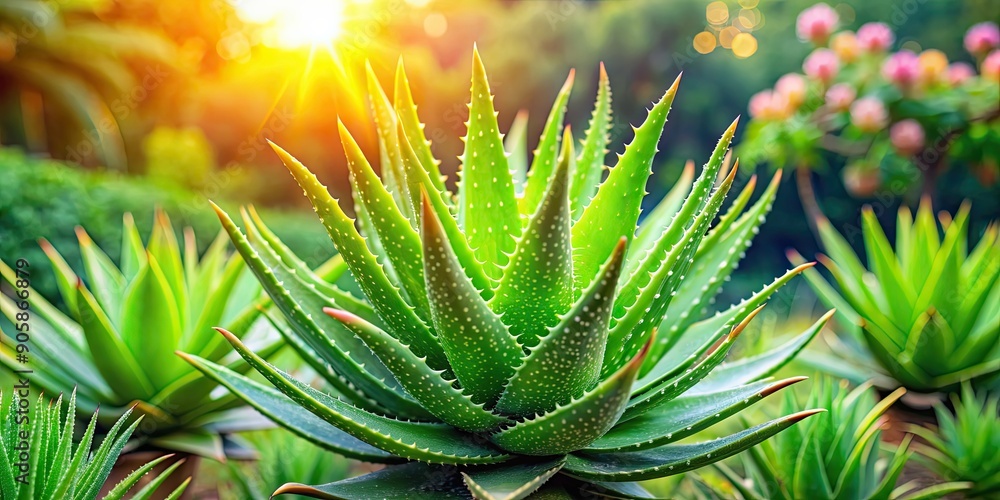 Fototapeta premium A lush aloe vera plant growing in a vibrant green garden, succulent, aloe vera, plant, green, garden, botanical, nature