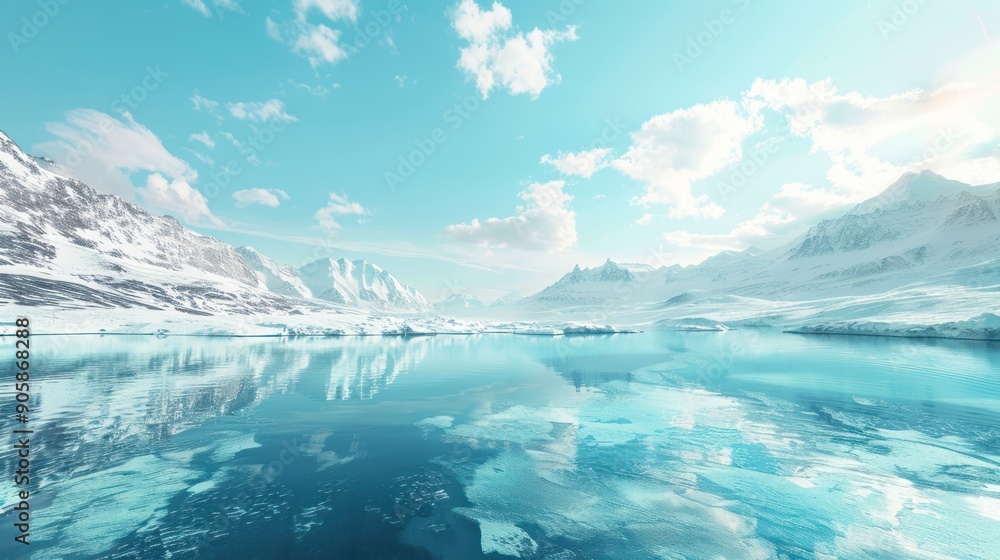 Fototapeta premium Serene Arctic Landscape with Snow-capped Mountains and Calm Water.