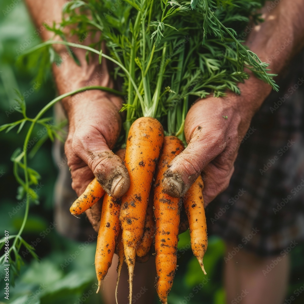 Elderly farmers hands holding a bunch of freshly harvested carrots Elderly farmers hands holding a bunch of freshly harvested carrots