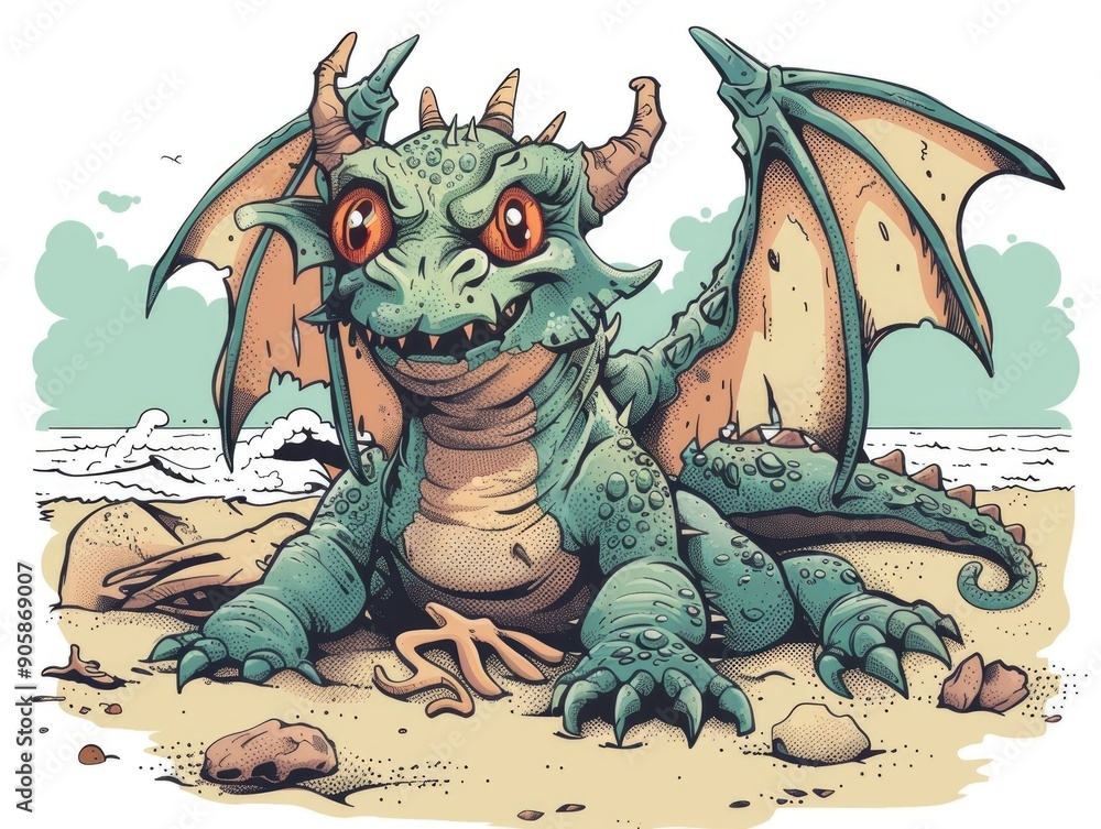 Obraz premium Playful and Whimsical Cartoon Sea Monster Character on Tropical Beach Scene with Sand Rocks and Ocean in Vintage Comic Style