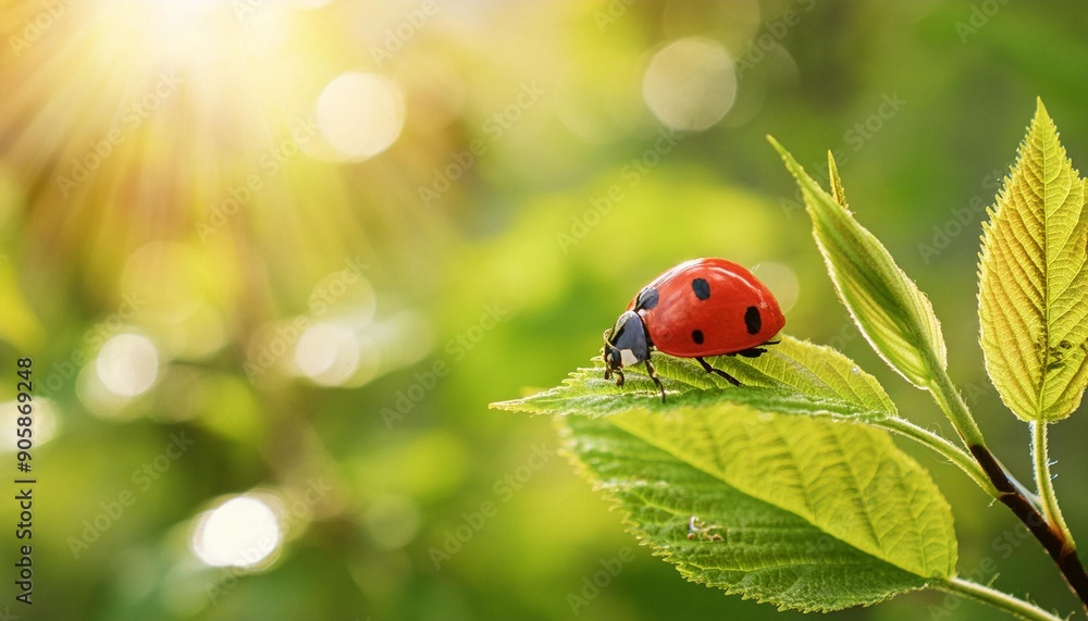 Wide format background image of fresh juicy green leaves and ladybug lit by rays of sun in nature with space for text. Wide format background image of fresh juicy green leaves and ladybug lit by rays of sun in nature with space for text.