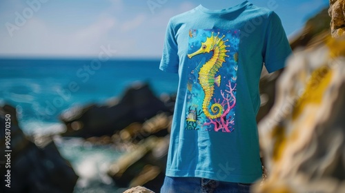 Seahorse design on a blue t-shirt. photo