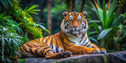 Obraz na płótnie Malayan tiger laying in the forest, showcasing its beautiful orange fur and black stripes, endangered, wildlife w salonie