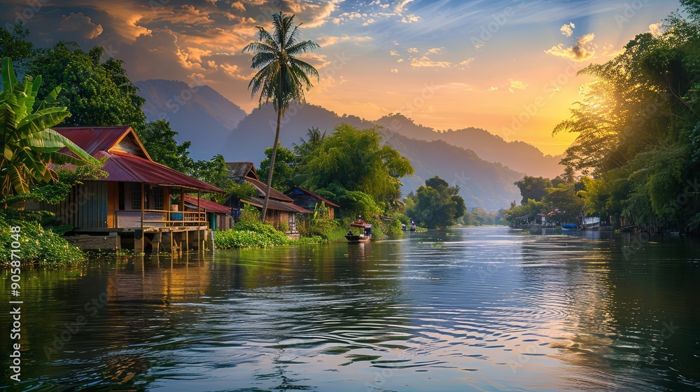 Fototapeta premium Serene River Landscape in Southeast Asia