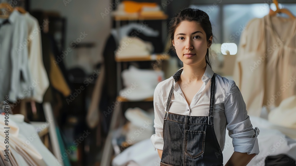 A confident young woman in a workshop, wearing an apron and looking directly at the camera. She is surrounded by fabrics and sewing supplies. A confident young woman in a workshop, wearing an apron and looking directly at the camera. She is surrounded by fabrics and sewing supplies.