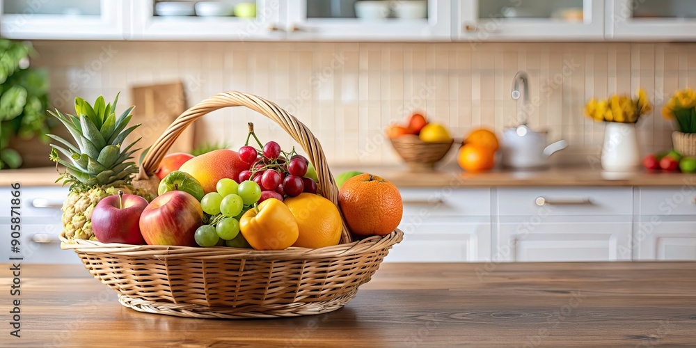 Fresh fruit basket on a kitchen table, fresh, fruit, basket, kitchen, table, healthy, organic, colorful, delicious, vibrant Fresh fruit basket on a kitchen table, fresh, fruit, basket, kitchen, table, healthy, organic, colorful, delicious, vibrant