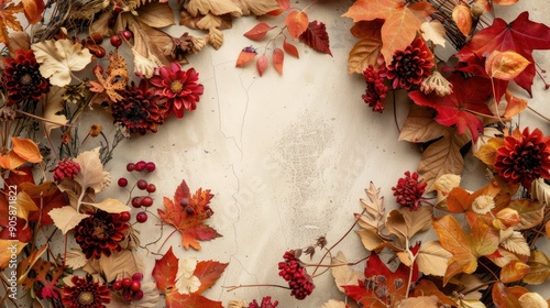 Fototapeta Naklejka Na Ścianę i Meble -  Autumn wreath of dried leaves and flowers in flat lay view square format