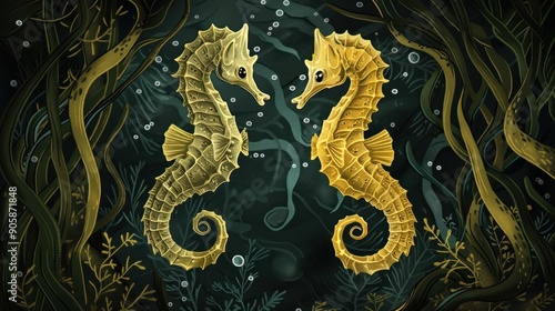 Two Golden Seahorses Among Seaweed.