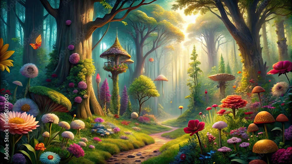 Enchanting forest with tall trees, vibrant flowers, and whimsical creatures, fairy tale, magical, fantasy, woodland