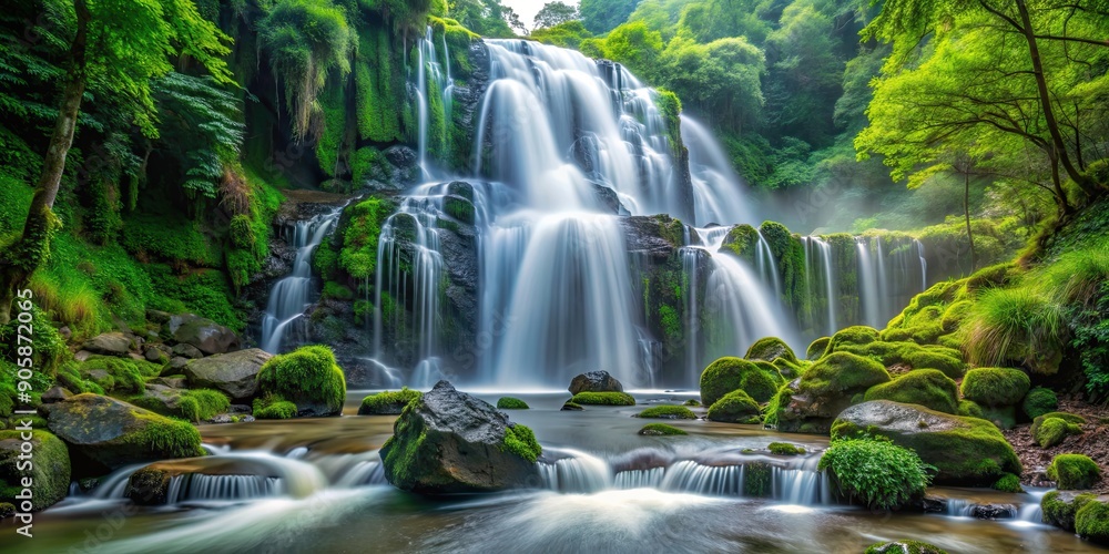 Majestic waterfall cascading down rocks in lush green forest , nature, water, scenery, outdoors, tranquil Majestic waterfall cascading down rocks in lush green forest , nature, water, scenery, outdoors, tranquil