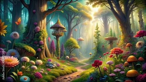 Obraz na płótnie Enchanting forest with tall trees, vibrant flowers, and whimsical creatures, fairy tale, magical, fantasy, woodland w salonie