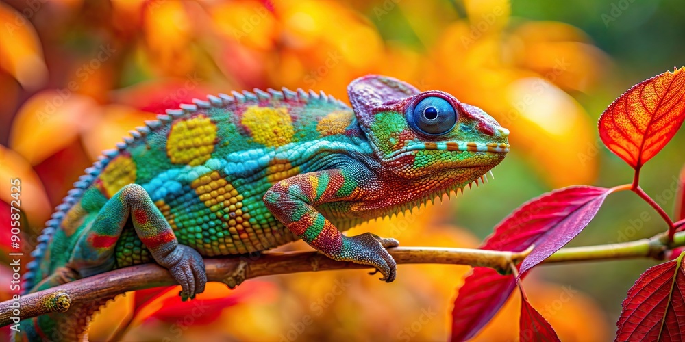 Obraz premium Vibrant chameleon on a branch in colorful foliage, chameleon, vibrant, multicolored, scales, branch, colorful, foliage
