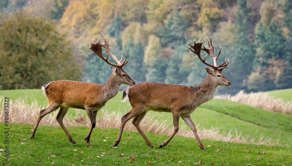 a pair of deer walking on a stretch of grass. a pair of deer walking on a stretch of grass.