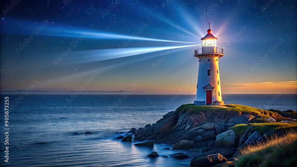 Seaside lighthouse at night with glowing beacon , ocean, coast, navigation, safety, tower, illuminated, dark
