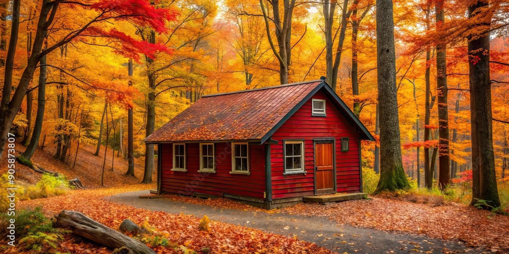 Cozy cabin in red with autumn leaves in the woods , cabin, woods, autumn, cozy, tiny, red, lush, trees, getaway, wilderness Cozy cabin in red with autumn leaves in the woods , cabin, woods, autumn, cozy, tiny, red, lush, trees, getaway, wilderness