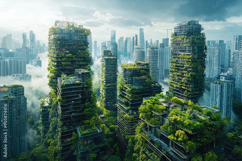 Fototapeta premium A futuristic city with a lot of green spaces and buildings
