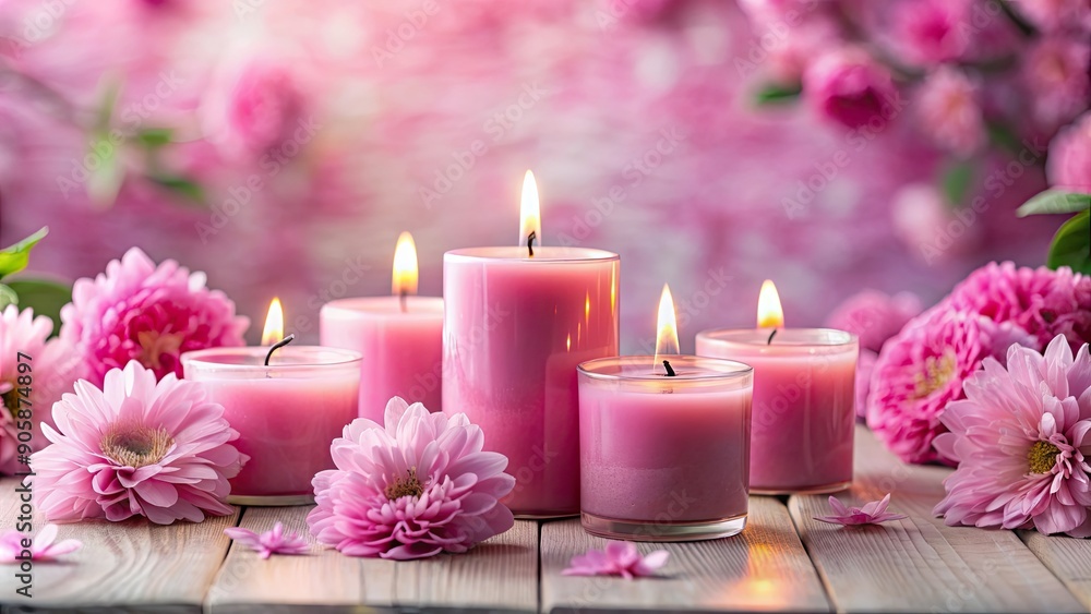 Aromatic pink candles with pink flowers in the background, roses, candles, scent, floral, relaxation, spa, home decor Aromatic pink candles with pink flowers in the background, roses, candles, scent, floral, relaxation, spa, home decor