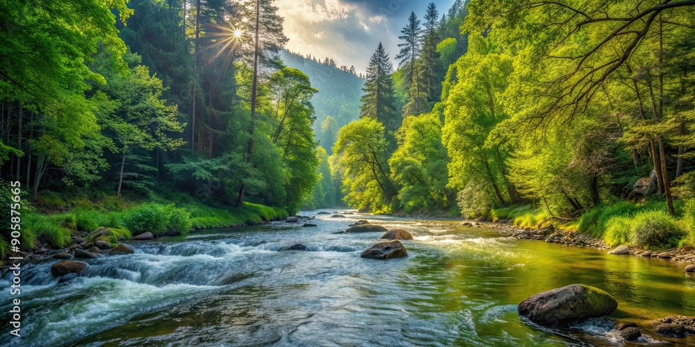Obraz premium Wild river flowing through lush forest in the summer, perfect for a wallpaper background, river, forest, wild, summer