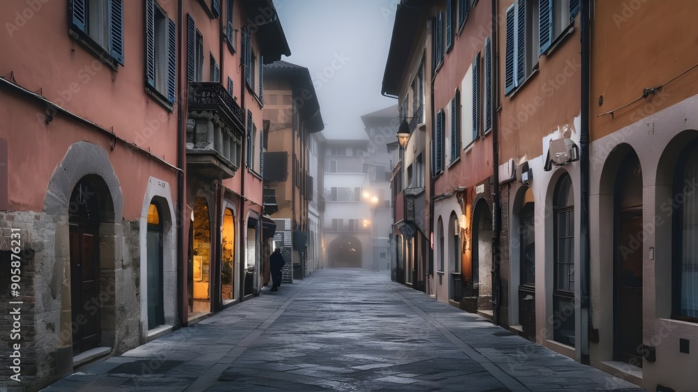 A deserted medieval European street , enveloped in a dense fog. A deserted medieval European street , enveloped in a dense fog.