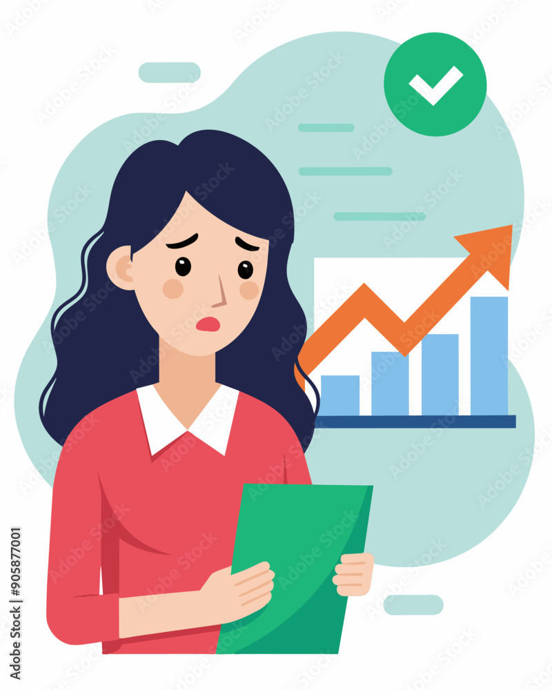 A woman looks relieved as she receives her first debt consolidation statement showing a significant decrease in her monthly payments.. Vector illustration A woman looks relieved as she receives her first debt consolidation statement showing a significant decrease in her monthly payments.. Vector illustration