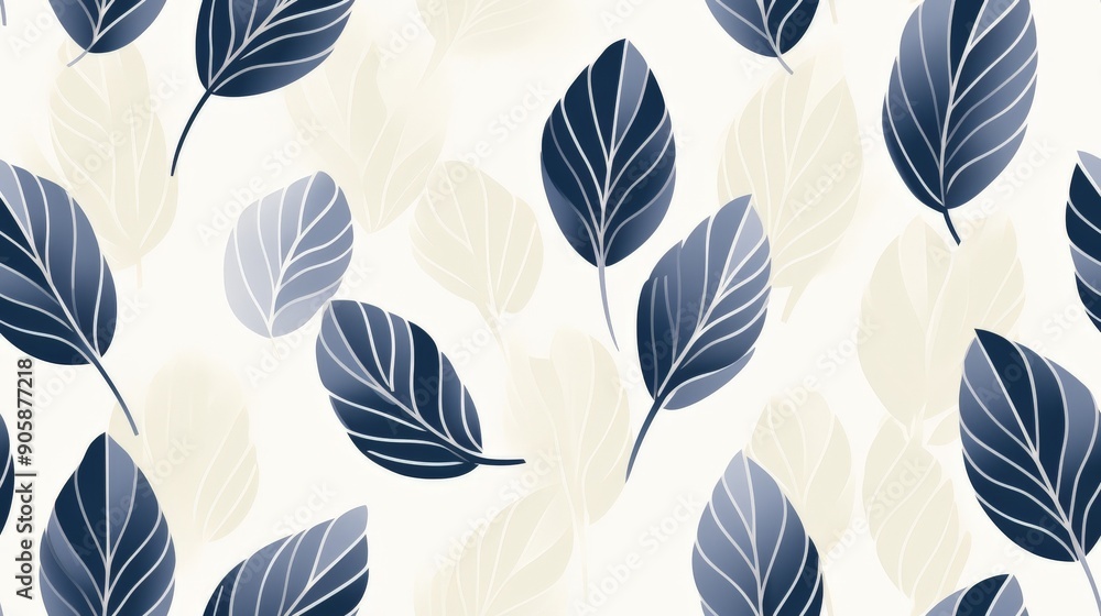 Obraz premium Elegant seamless pattern with blue and white leaves on a beige background