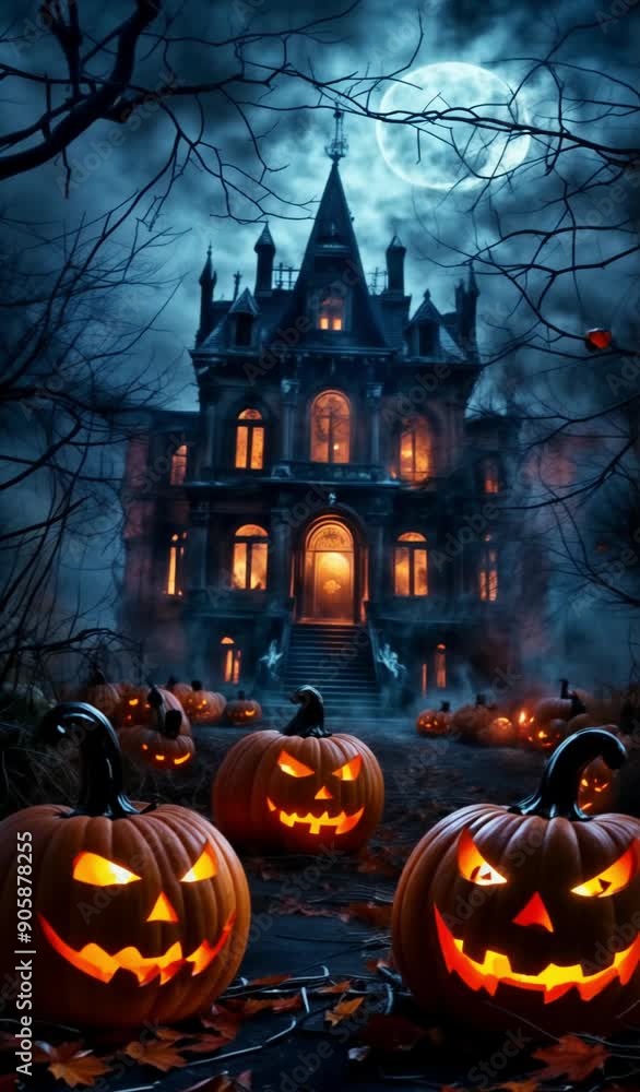 A Dark And Eerie Haunted House With Glowing Jack-O'-Lanterns A Dark And Eerie Haunted House With Glowing Jack-O'-Lanterns