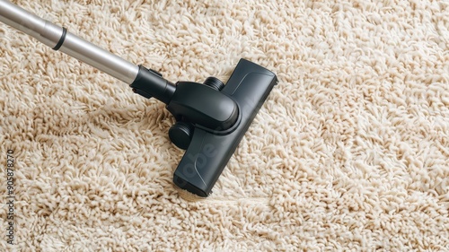 Vacuum cleaner head on a high-pile carpet, close-up, thorough cleaning, home care, hygiene photo