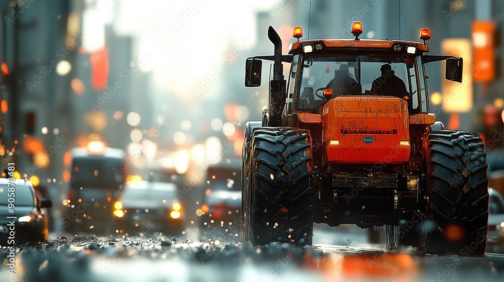 A large, rubber-coated tractor navigating a bustling city street, surrounded by tall skyscrapers and traffic. The scene captures a contrast between the rugged, industrial tractor and the sleek, A large, rubber-coated tractor navigating a bustling city street, surrounded by tall skyscrapers and traffic. The scene captures a contrast between the rugged, industrial tractor and the sleek,