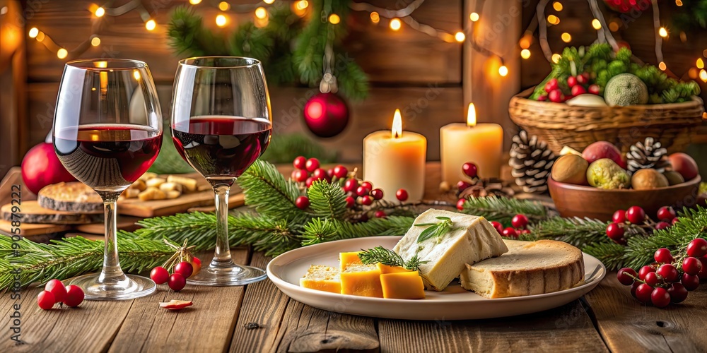 Wine and cheese spread on a festive Christmas table background, wine, cheese, holiday, celebration, table setting, food Wine and cheese spread on a festive Christmas table background, wine, cheese, holiday, celebration, table setting, food