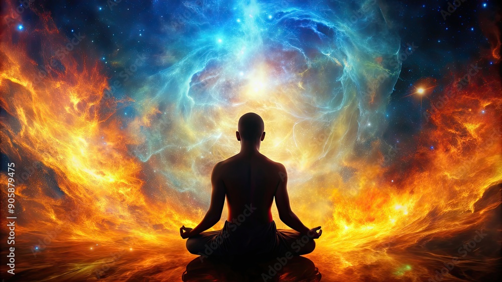 Silhouette of person meditating in front of fiery cosmic background with orange and blue hues, meditation, silhouette, cosmic, fiery Silhouette of person meditating in front of fiery cosmic background with orange and blue hues, meditation, silhouette, cosmic, fiery