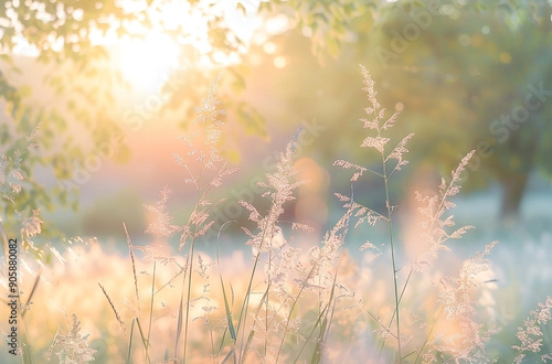 Tranquil Meadow at Sunrise with Swaying Tall Grass