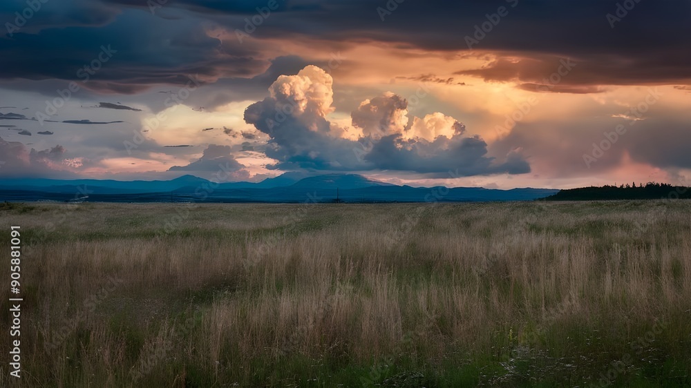 Sunset in the mountains, lush green fields and dense clouds at the sky. Sunset in the mountains, lush green fields and dense clouds at the sky.