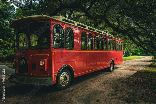 retro red tour bus or trolley parked under beautiful live oaks in Charleston South Carolina 