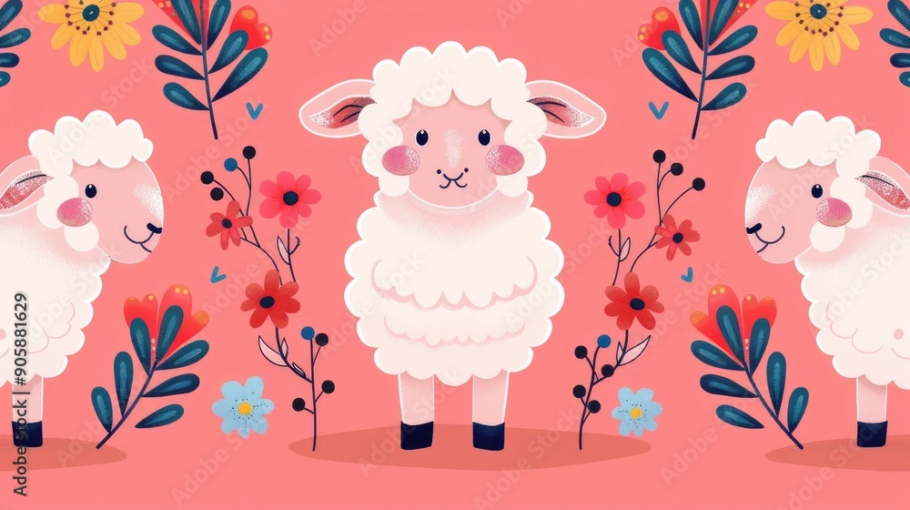 Delightful cartoon style featuring a playful soft and fluffy lamb character surrounded by vibrant floral and botanical elements Perfect for nursery prints children s books apparel stationery Delightful cartoon style featuring a playful soft and fluffy lamb character surrounded by vibrant floral and botanical elements Perfect for nursery prints children s books apparel stationery