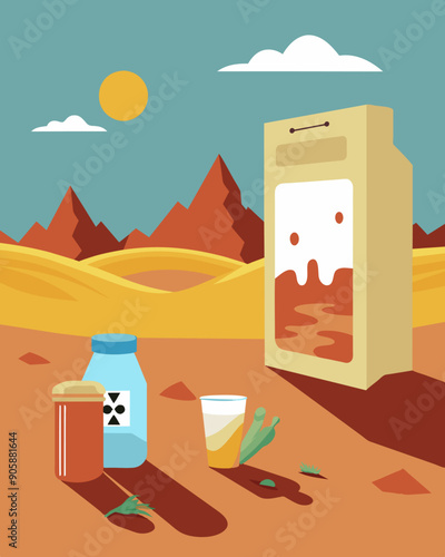 A wasteland of hunger the fridge held only a jar of mustard and a carton of spoiled milk as its inhabitants.. Vector illustration