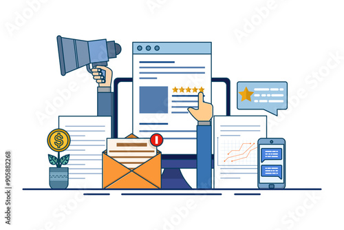 Online reputation management concept, online review management for service feedback monitoring outline. Customer satisfaction research. business brand building. digital strategy marketing path.