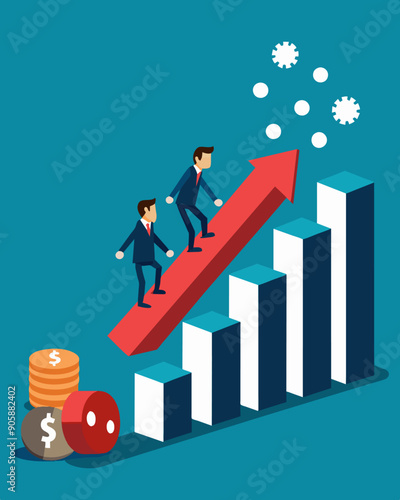 A visualization of a domino effect with a single debt payment knocking down the others in a chain reaction.. Vector illustration