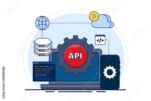 Application programming interface concept. software development tools, Internet and networks, APIs provide interfaces for communication between applications, simplifying application integration.