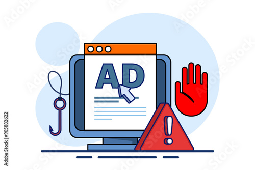 Advertising fraud concept. Ad click fraud, Impression fraud, online fraud with fraudulent activities, loss of Advertising ROI. fake traffic bots in digital marketing ad networks. flat vector.
