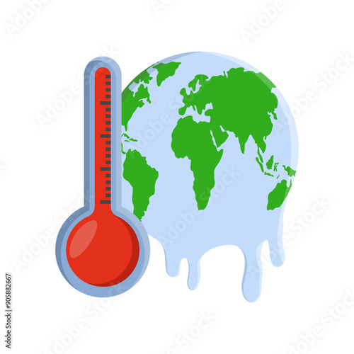 Global Warming Concept. Melting Ball and Thermometer. global warming environment. Climate change risks global greenhouse warming. greenhouse gas emissions, deforestation. Flat vector illustration.