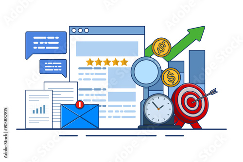 Online reputation management concept, online review management for service feedback monitoring outline. Customer satisfaction research. business brand building. digital strategy marketing path.