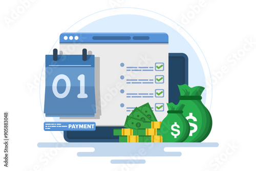 Money payment date schedule or agenda concept in flat cartoon calendar, illustrated task list and cash schedule reminder notice, tax or loan payment time idea, budget or financial plan. flat vector.